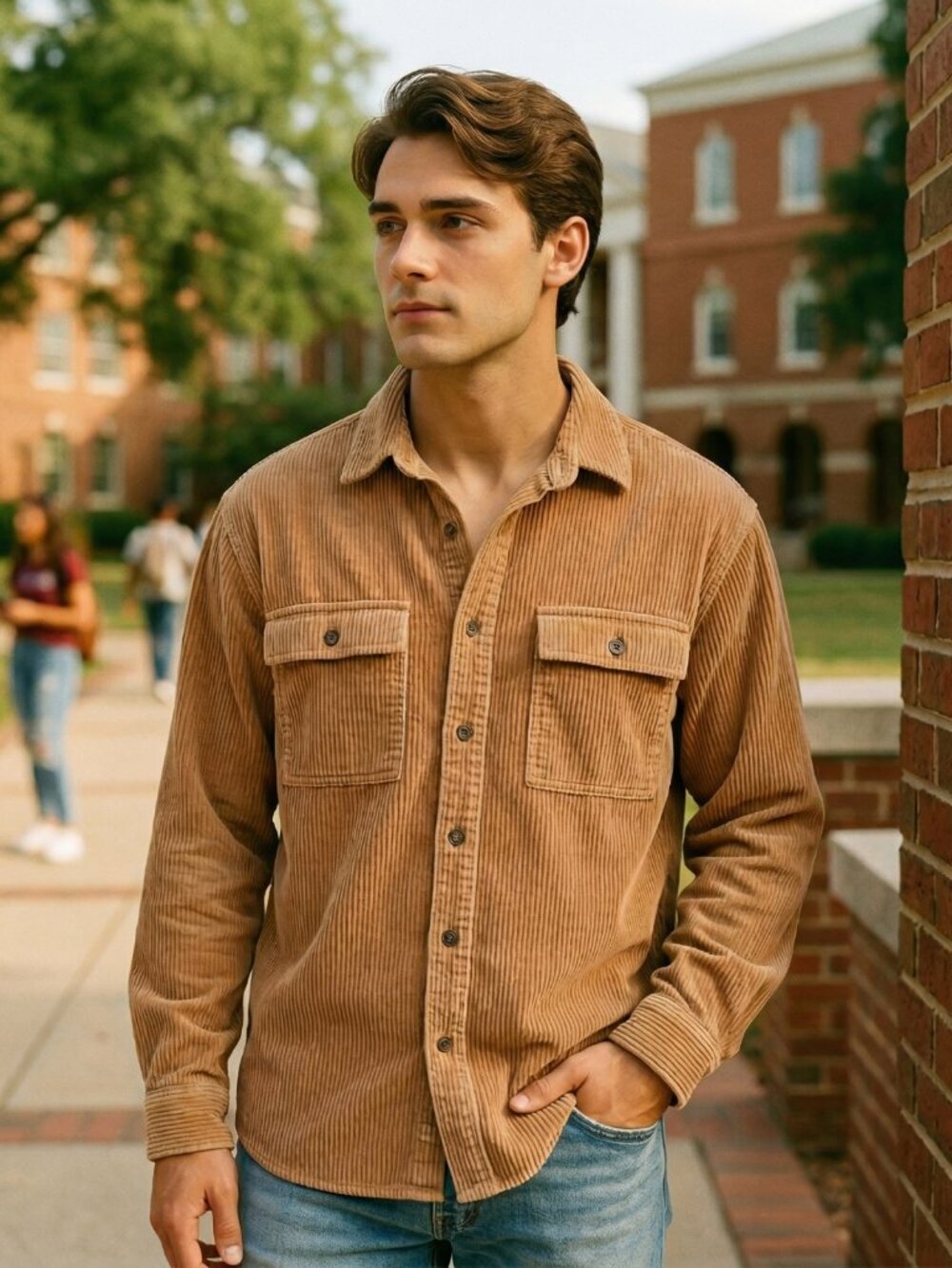 Original Use Mens M Corduroy Shirt Tan Cotton Solid Button Down Elevated Utility